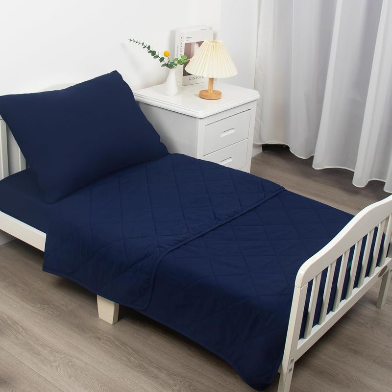 Biloban 4 Piece Toddler Bedding Set,Ultra Soft and Breathable Crib Bedding Set,Includes Quilted Comforter,Fitted Sheet,Flat Top Sheet and Envelope Pillowcase for Boys and Girls,Navy Blue - Image 2
